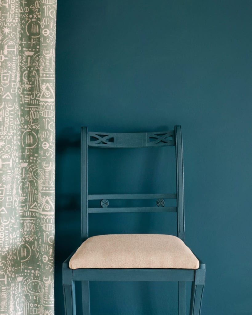Aubusson Blue Wall Paint by Annie Sloan, chair painted in Chalk Paint® in Aubusson Blue, Tacit in Duck Egg Blue curtain and seat cushion in Linen Union in Antoinette + Old White