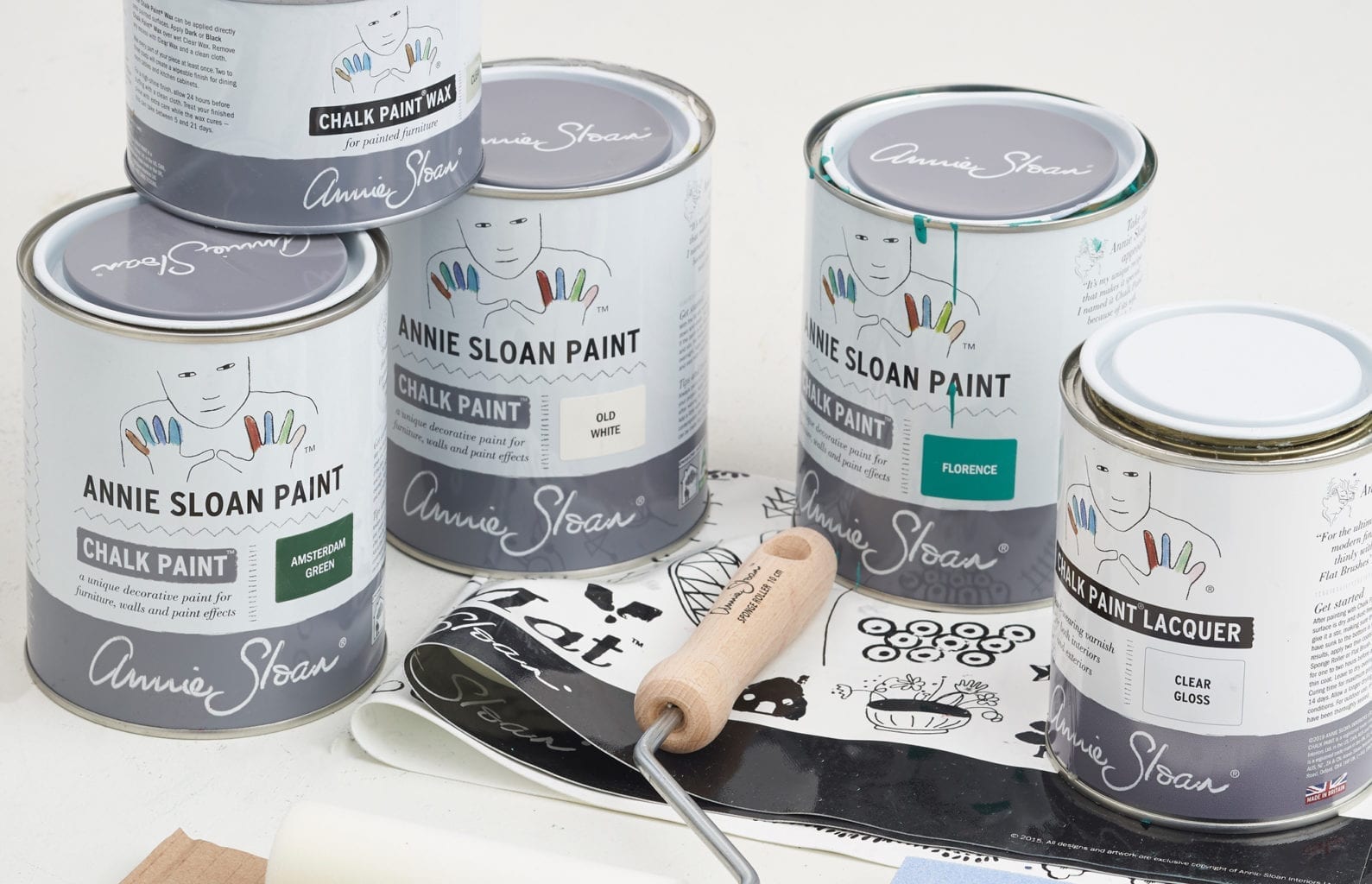 Chalk Paint® by Annie Sloan tins with Wax and Lacquer and a Sponge Roller and a MixMat