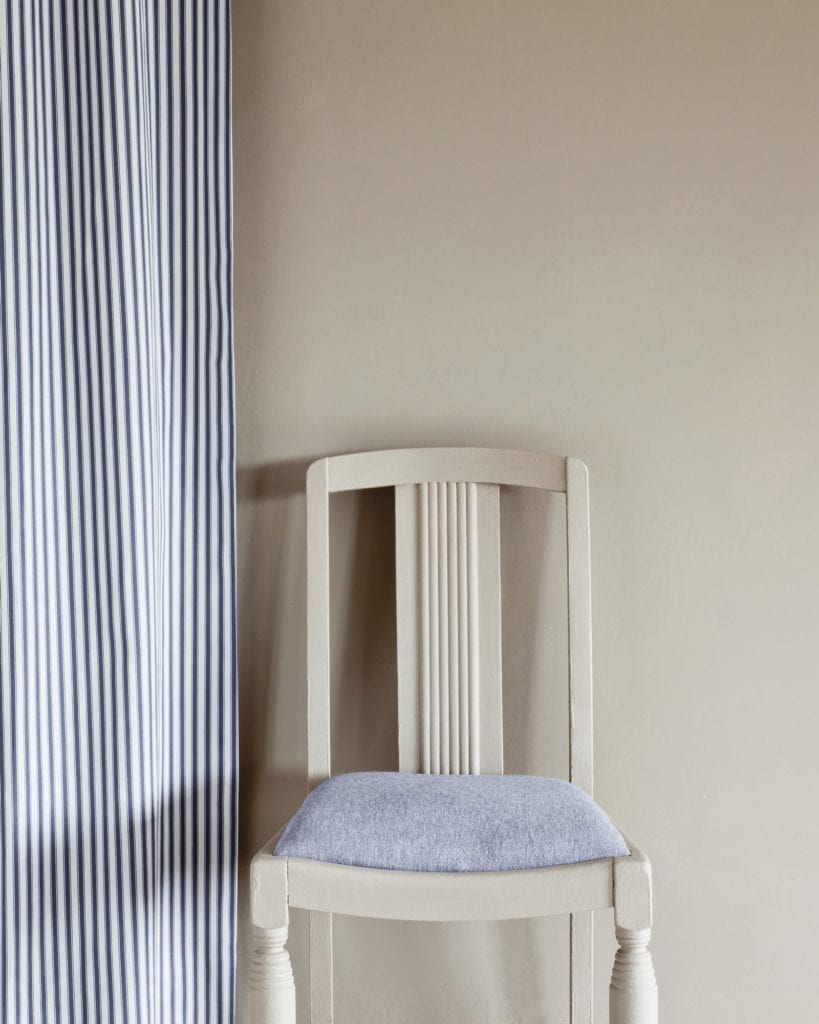 Country Grey Wall Paint by Annie Sloan, chair painted in Chalk Paint® in Country Grey, Ticking in Old Violet curtain and Linen Union in Old Violet + Old White seat cushion