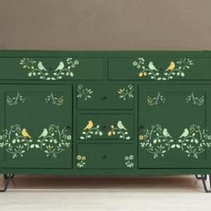 Chest of drawers painted with Chalk Paint® by Annie Sloan in Amsterdam Green and stencilled with the Countryside Bird Stencil