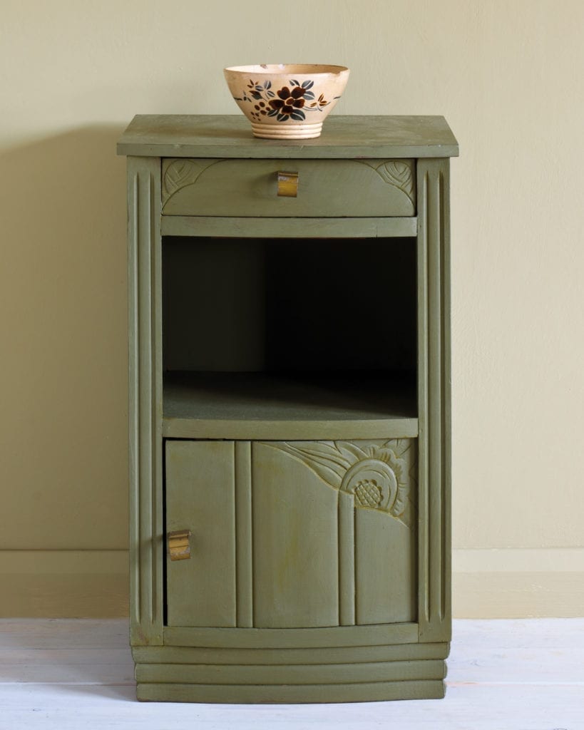 Side table painted with Chalk Paint® in Olive, a traditional olive khaki green.