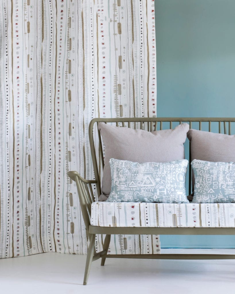 Piano in Olive fabric by Annie Sloan curtain and Chalk Paint in Olive mid century sofa