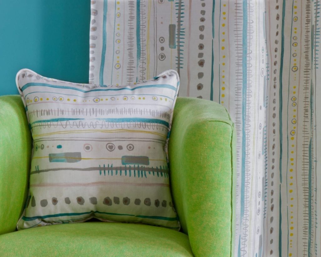 Piano in Provence fabric by Annie Sloan curtain and cushion sofa upholstered in Linen Union in English Yellow + Antibes Green