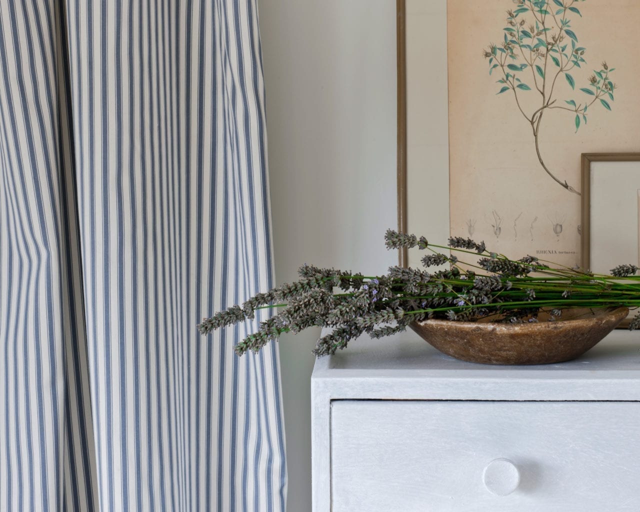 Ticking in Old Violet fabric by Annie Sloan curtain and chest of drawers painted in Chalk Paint in Old White