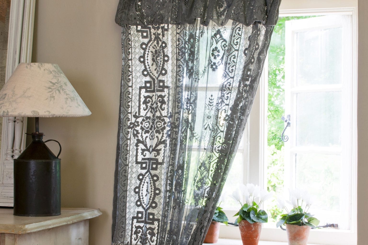 Chalk Paint® furniture paint in Graphite dyed lace dyed curtains by Annie Sloan