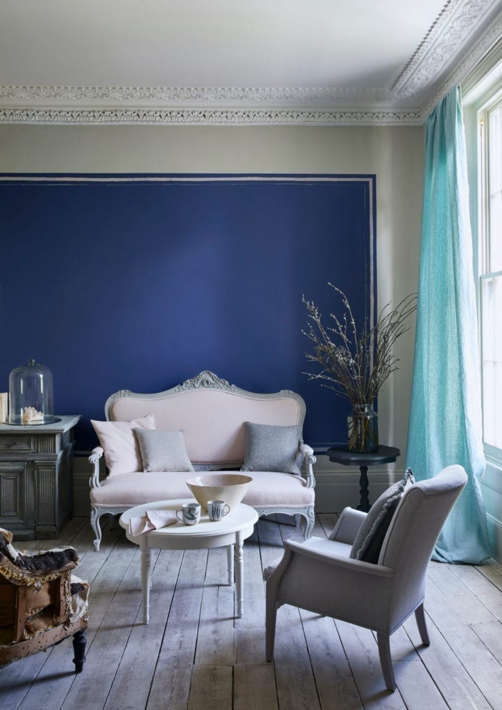 Classical Napoleonic Blue living room, with soft pink furnishings and high ceilings