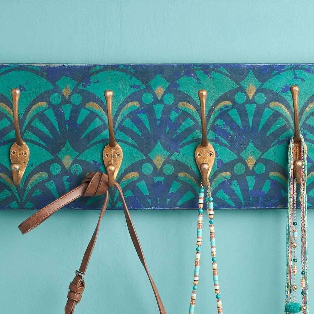 Art Deco style stencilled coat hooks painted by Jeanie Simpson with Chalk Paint® by Annie Sloan and the free stencil from The Colourist Issue 3