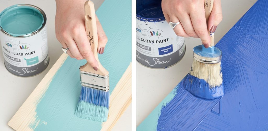 Chalk Paint® by Annie Sloan in Provence and Napoleonic Blue being applied to a board