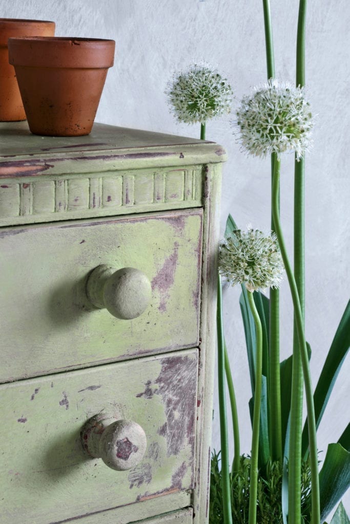 Chest of drawers painted with Chalk Paint® by Annie Sloan in Lem Lem, a soft, warm bright green, and sanded back for a distressed look. With alliums