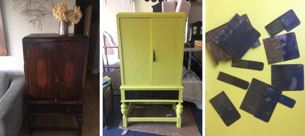 Chinese Armoire by Annie Sloan Painters in Residence shed eleven painted with Chalk Paint® in Emperor's Silk and English Yellow before and progress