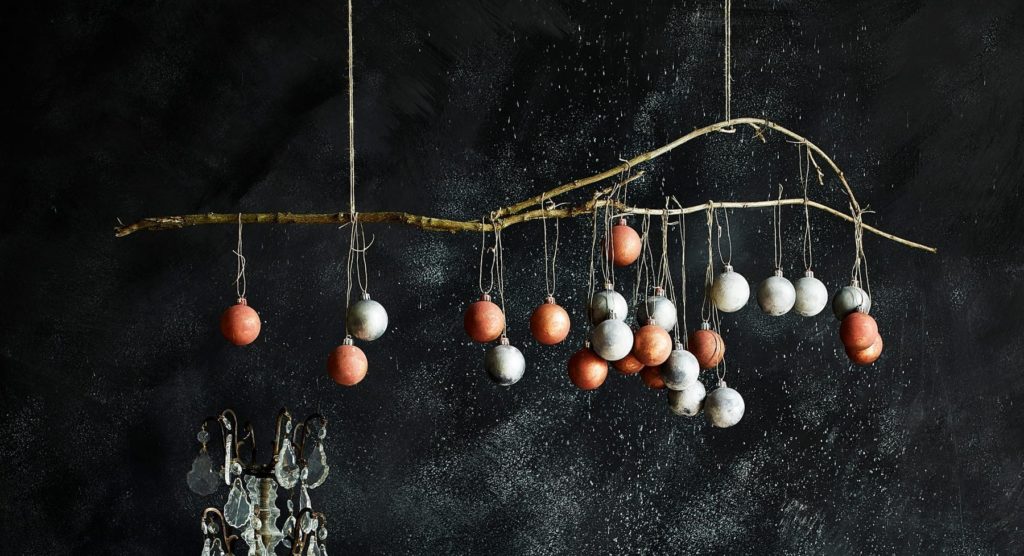 Dark Christmas Dining room painted by Annie Sloan in Chalk Paint® in Athenian Black, with fabric and rusty rustic baubles