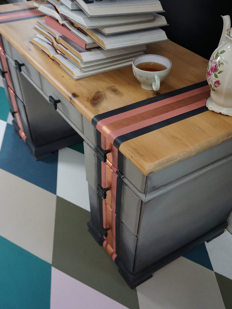 Scandinavian Pink Chalk Paint® striped desk with Clear Chalk Paint® Wax and Matt Chalk Paint® Lacquer finish