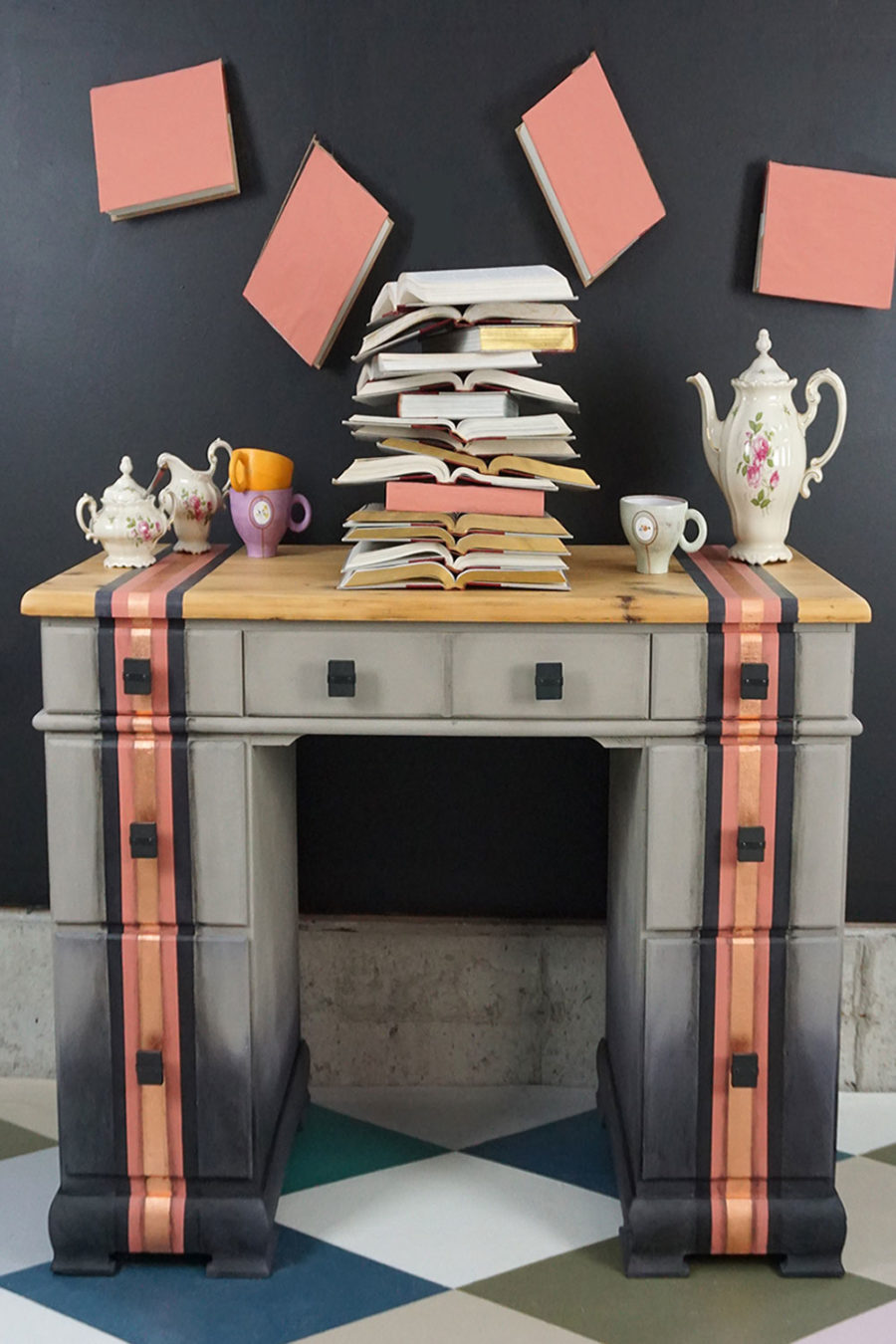 Scandinavian Pink Chalk Paint® striped desk with Athenian Black and French Linen ombre and Copper Transfer Leaf detailing