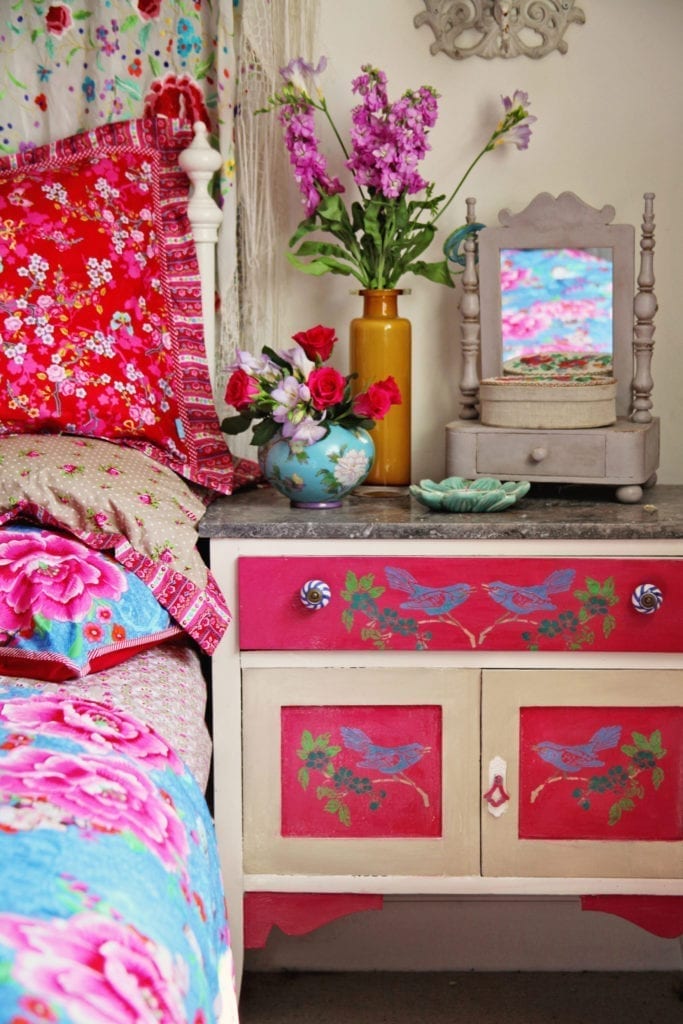 Floral Bedroom by Annie Sloan Painter in Residence Janice Issitt painted with Chalk Paint® brights and hot pink mix