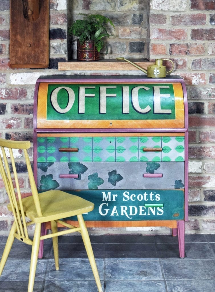 Botanical Office Roll Top Desk by Annie Sloan Painter in Residence Jonathon Marc Mendes painted with Chalk Paint®