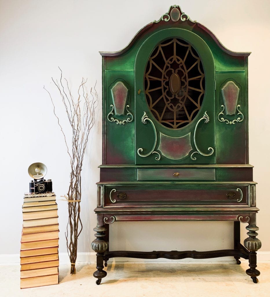 Gothic Cabinet by Painter in Residence Girl in Blue Designs with Chalk Paint® by Anne Sloan in Amsterdam Green and Burgundy