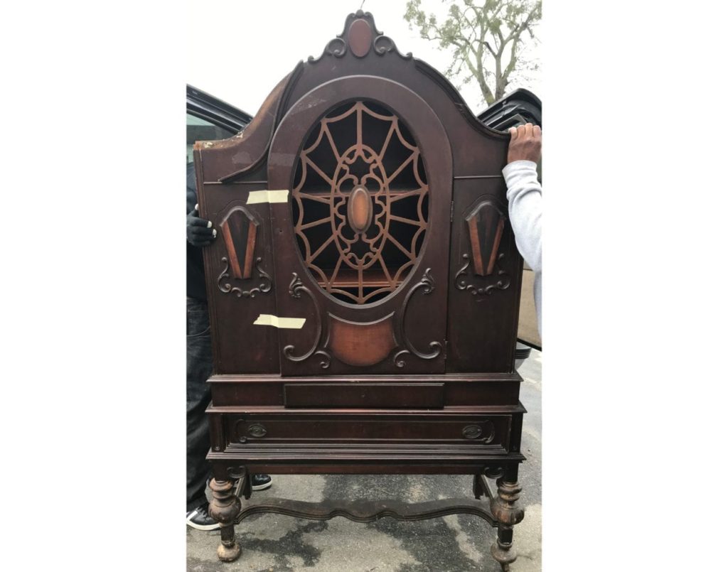 Gothic Cabinet by Painter in Residence Girl in Blue Designs with Chalk Paint® by Anne Sloan in Amsterdam Green and Burgundy before