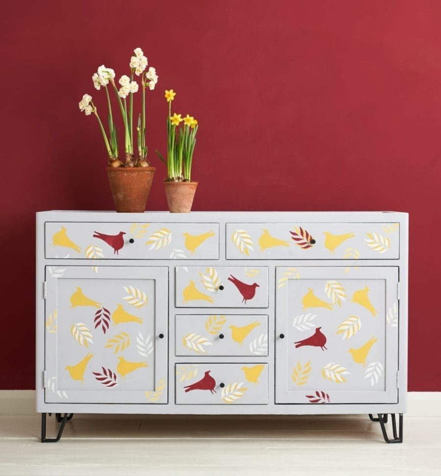 Overlapping Stencilled Chest from The Colourist Issue 2 painted with Chalk Paint® by Annie Sloan in Chicago Grey, Burgundy, Tilton and Old White