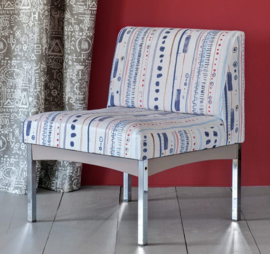 Piano in Old Violet fabric modern chair with Tacit in French Linen curtain and Wall Paint in Emperor's Silk by Annie Sloan