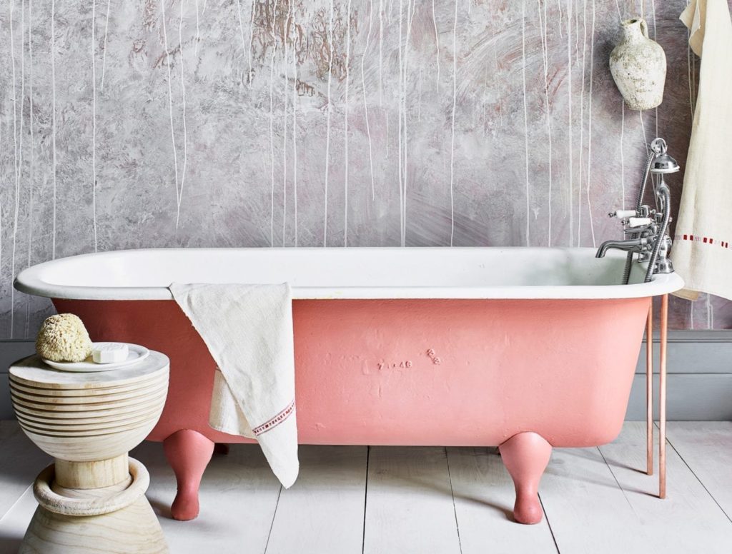 Rustic plaster effect bathroom painted with Chalk Paint® in Scandinavian Pink, Honfleur and Old White with Lacquer