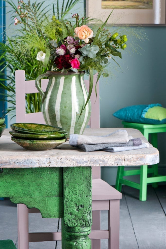 Spring Dining Room table painted with Chalk Paint® in Antibes Green by Annie Sloan and Black Wax