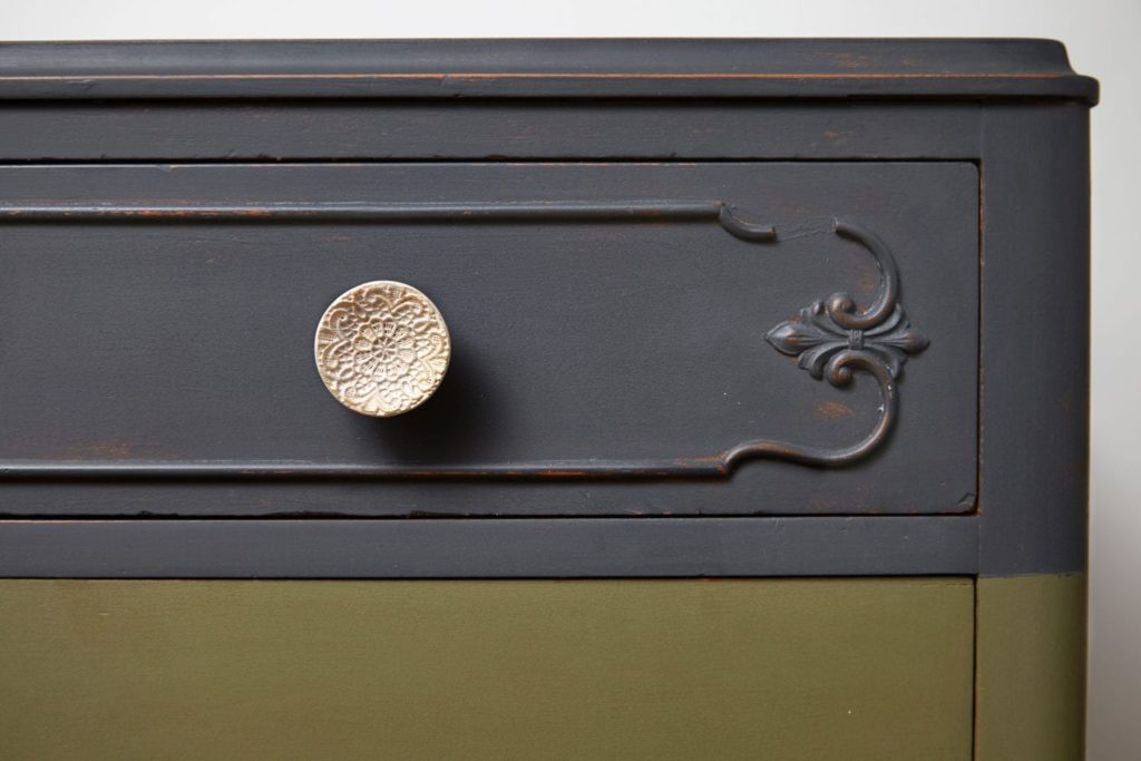 Striped Chest of Drawers by Annie Sloan Painter in Residence Jelena Pticek painted with Chalk Paint® in Graphite and Olive