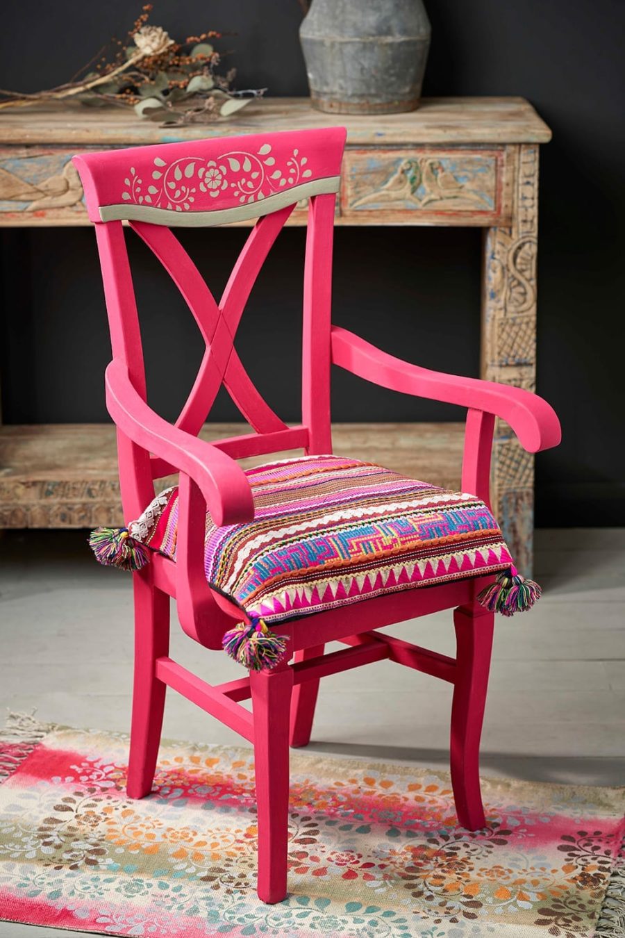 Indian inspired chair in Capri Pink Chalk Paint®, painted by Annie Sloan