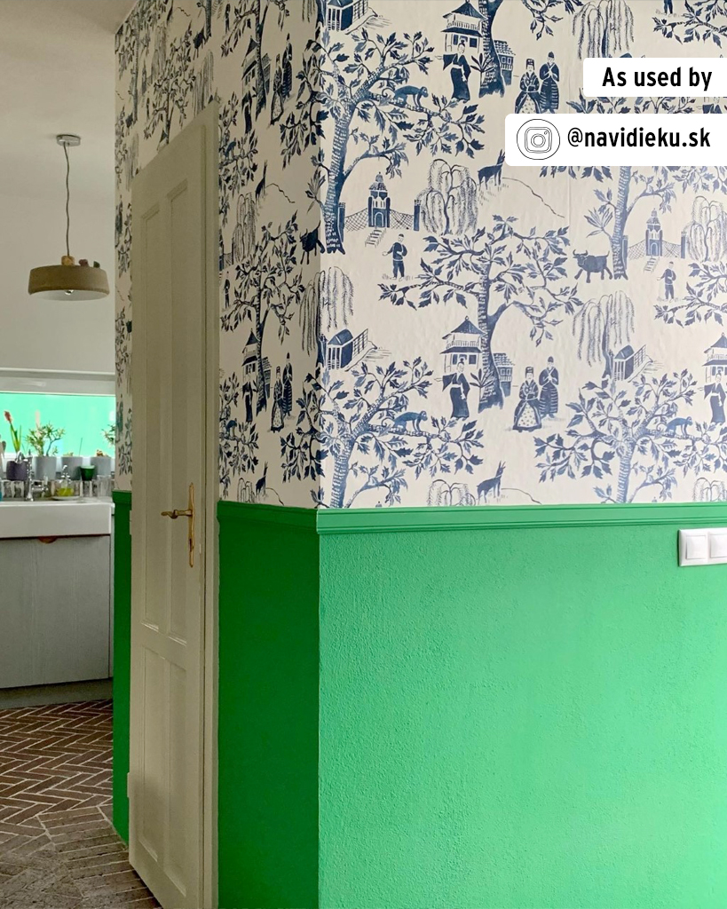 Annie Sloan Wall Paint in Schinkel Green on lower walls and decorative illustrated wallpaper on upper walls