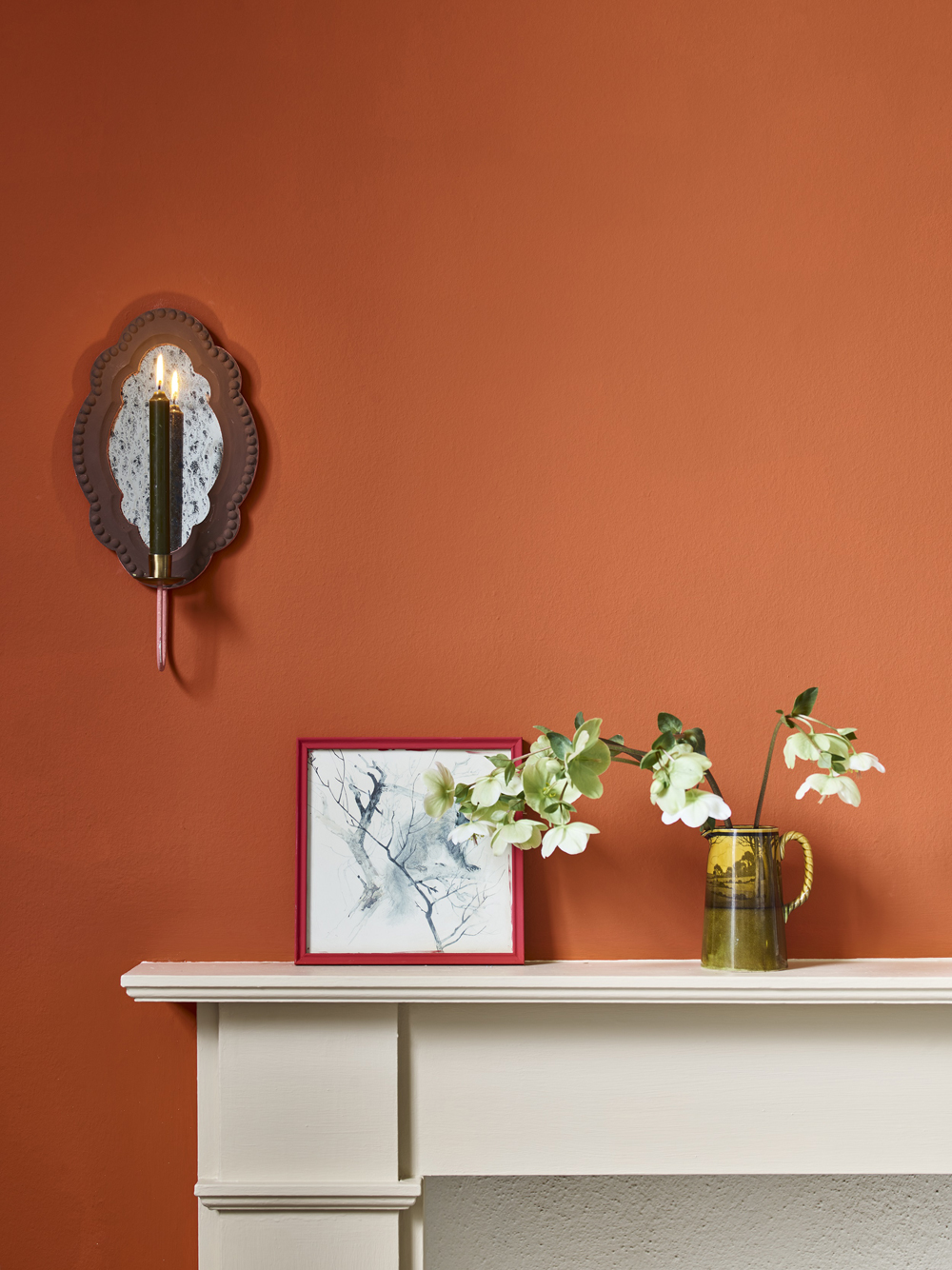 Close Up Riad Terracotta Wall Paint and Canvas Satin Paint Fireplace featuring Vase, Illustration and Candle Accessories