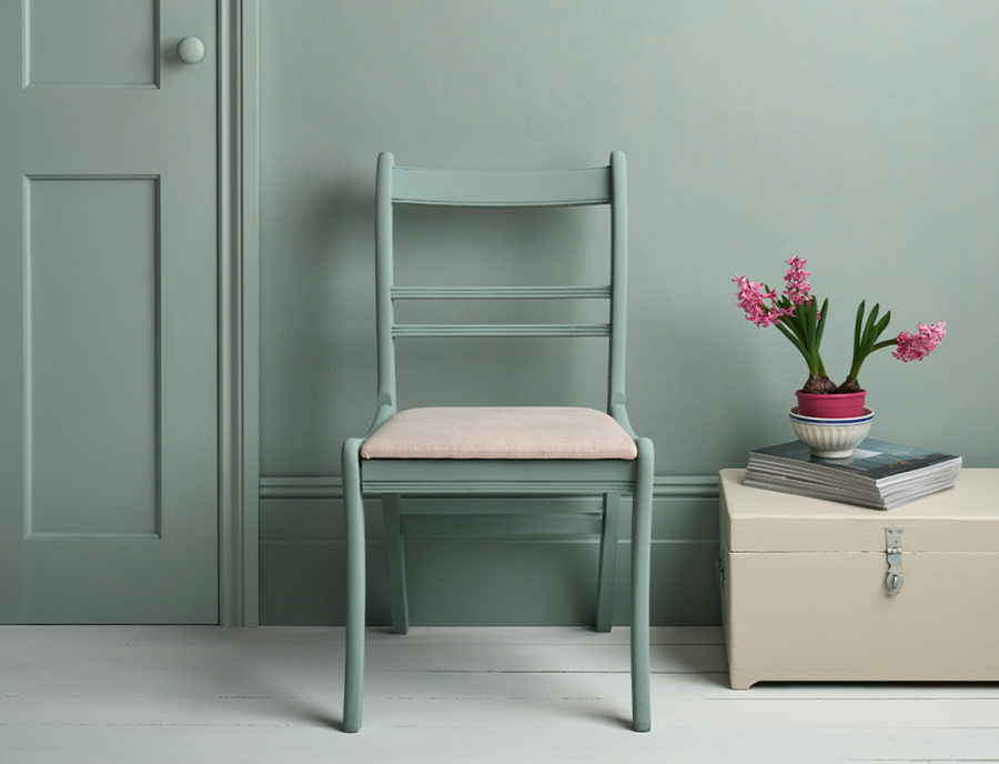 Annie Sloan Satin Paint in Pemberley Blue Lifestyle Image featuring painted skirting and door