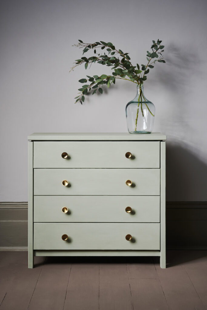 Chalk Painted Chest of Drawers in Annie Sloan Coolabah Green Chalk Paint. Eucalyptus Leaves Staging
