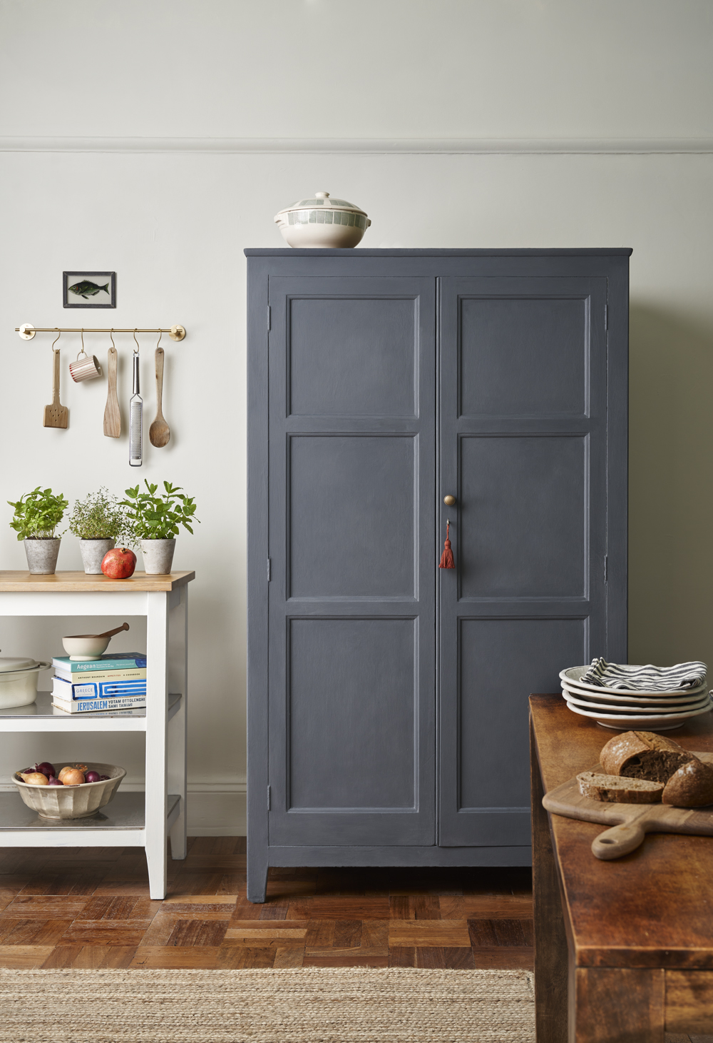 Minimal, Modern Kitchen Lifestyle Image Featuring Armoire Painted in Whistler Grey Chalk Paint by Annie Sloan