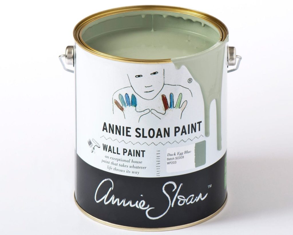 2.5 litre tin of Wall Paint by Annie Sloan in Duck Egg Blue, a greenish soft blue