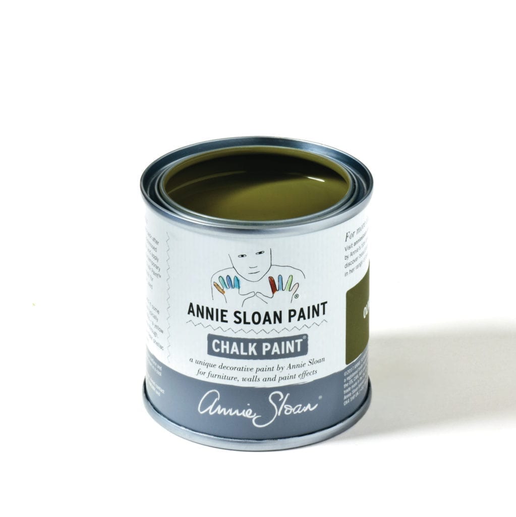 120ml tin of Olive Chalk Paint® furniture paint by Annie Sloan, a traditional olive khaki green