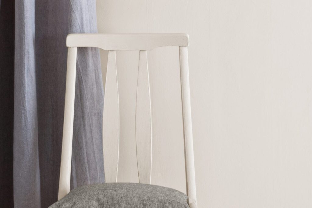 Original wall paint and chair painted with Chalk Paint with Paloma + Old White Linen Union curtain