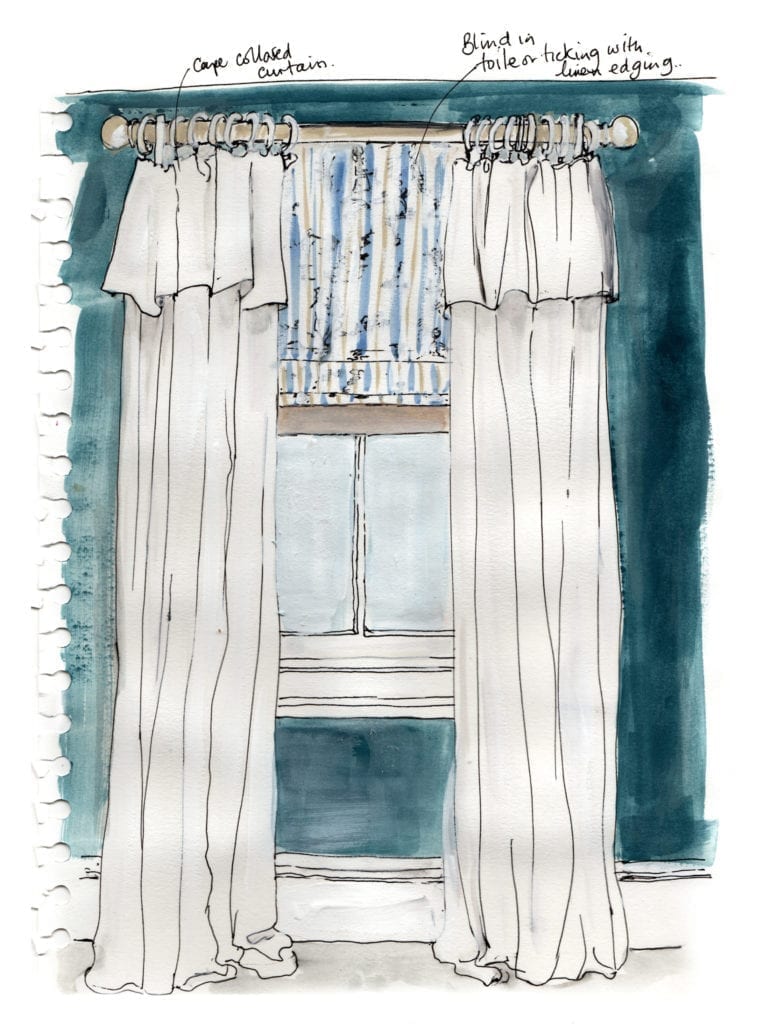 Curtain and Blind Illustration by Annie Sloan with Chalk Paint® in Aubusson Blue