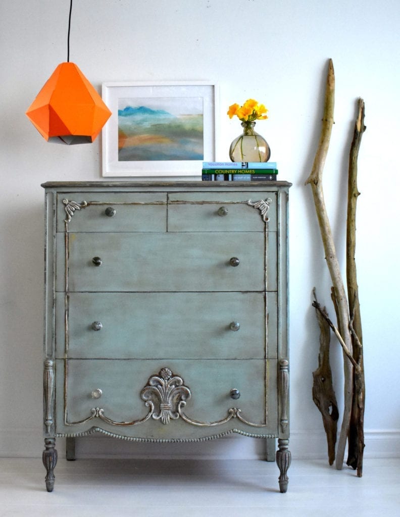 Distressed RusticChest of Drawers by Annie Sloan Painter in Residence Ildiko Horvath painted with Chalk Paint® in Duck Egg Blue