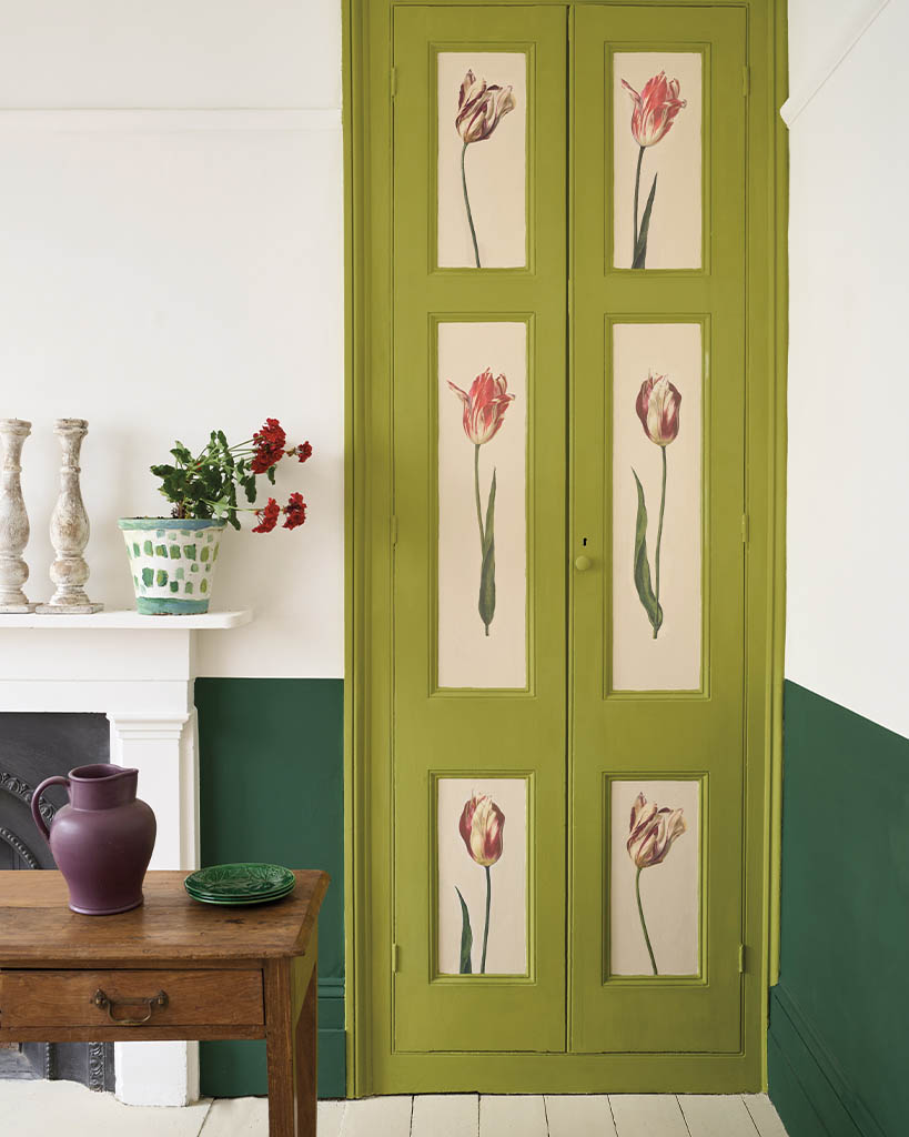 Annie Sloan Chalk Paint in Firle used on Cupboard Doors and featuring RHS Decoupage Tulips Annie Sloan Chalk Paint in Firle used on Cupboard Doors and featuring RHS Decoupage Tulips and Knightsbridge Green Wall Paint