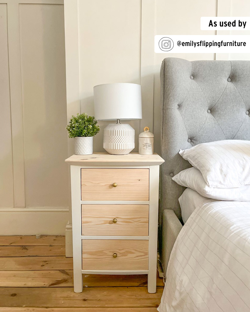 Old White Chalk Paint by Annie Sloan used on a bedside table with a lamp on top