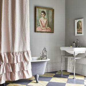Annie Sloan Bathroom Painted in Paris Grey Wall Paint featuring Checkerboard Floor Using Old Violet Chalk Paint with Antoinette and Old White Fabric by Annie Sloan