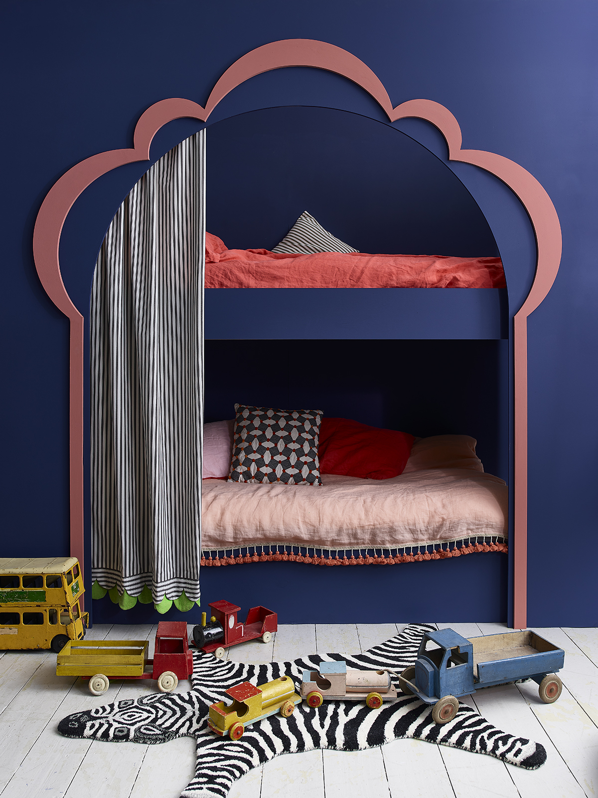 Children's bedroom bunk beds in Annie Sloan Napoleonic Blue Chalk Paint and Scandinavian Pink with Annie Sloan Linen Union curtains