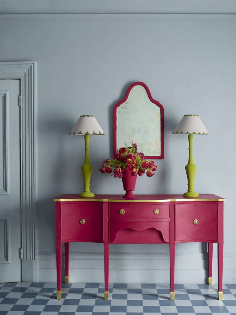 Annie Sloan Living Room featuring Capri Pink Chalk Paint sideboard, mirror, and vase, Louis Blue Wall Paint and Greek Blue Chalk Paint floor