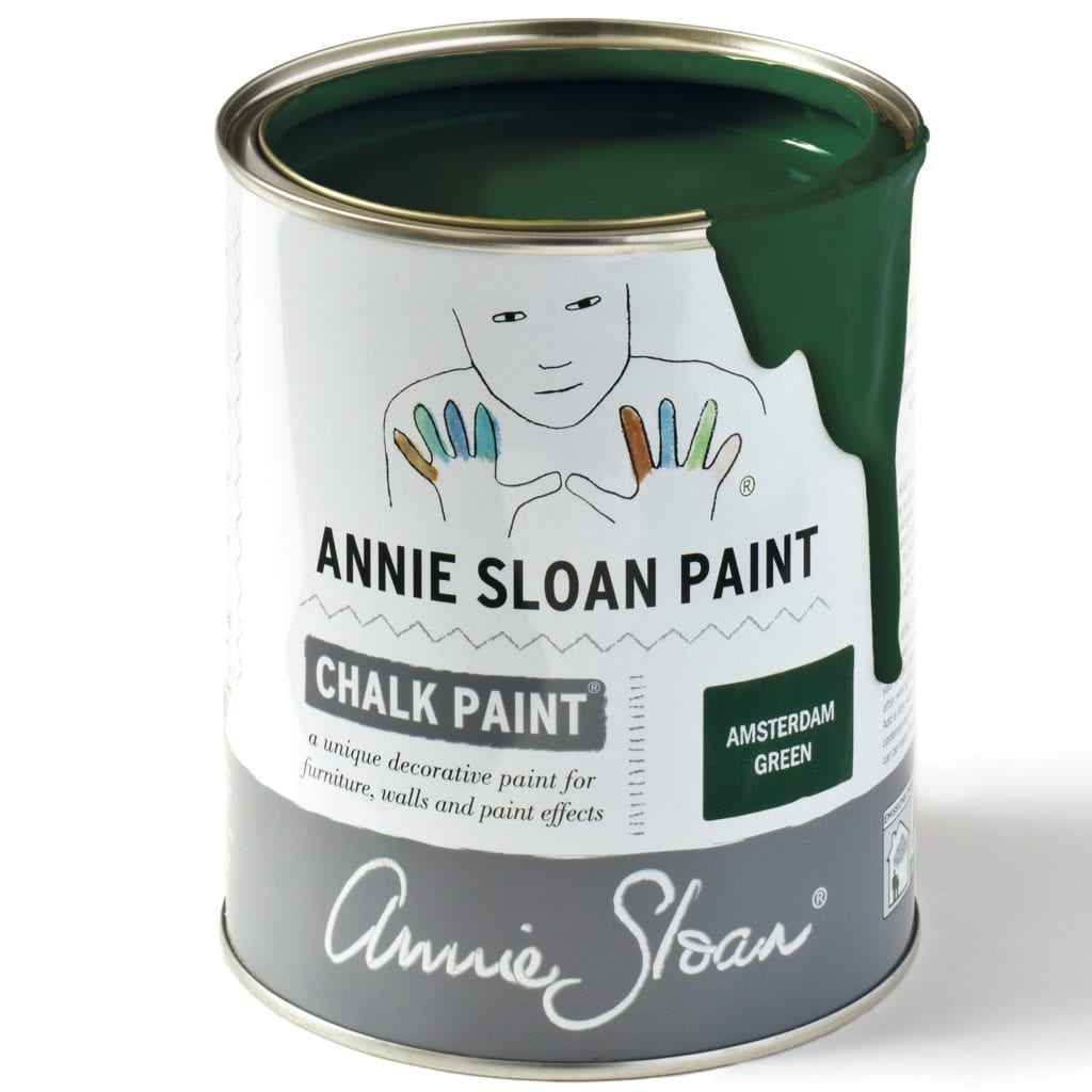 1 litre tin of Amsterdam Green Chalk Paint® furniture paint by Annie Sloan, a strong, deep forest green