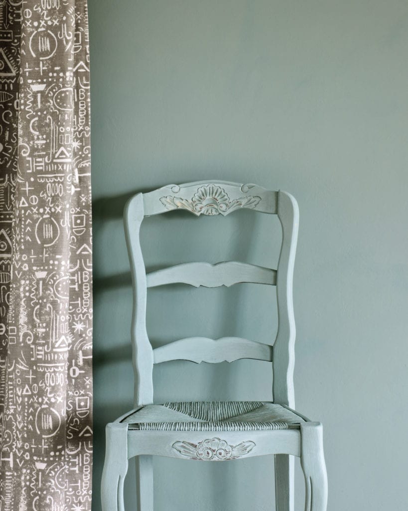 Duck Egg Blue Wall Paint by Annie Sloan, chair painted with Chalk Paint® in Duck Egg Blue and Tacit in French Linen curtain