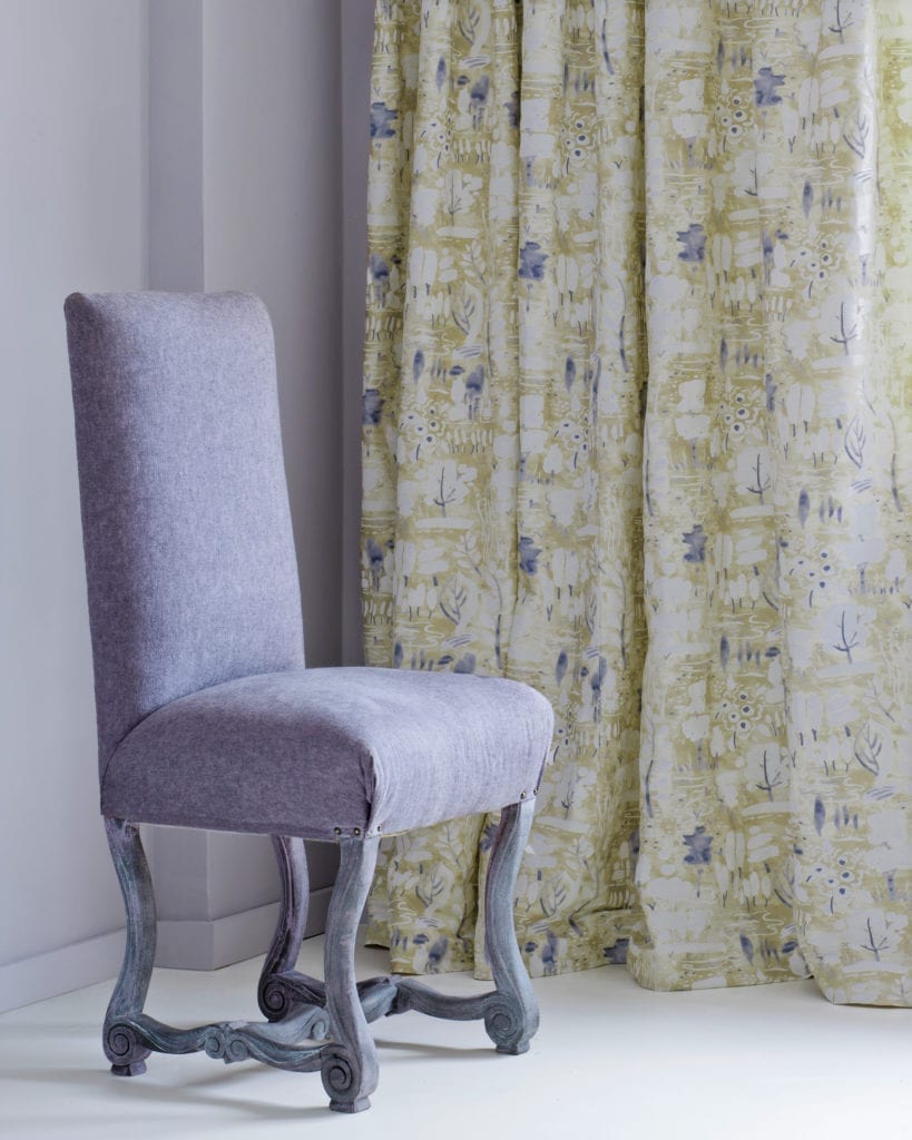 Dulcet in Versailles fabric by Annie Sloan curtain and upholstered chair in Linen Union in Emile + Graphite