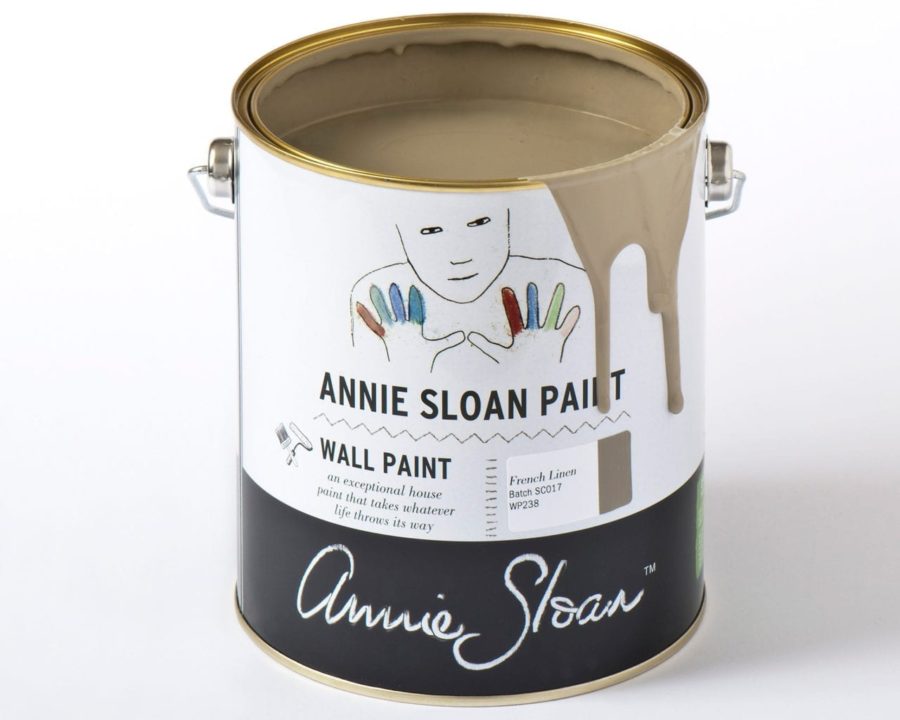 2.5 litre tin of Wall Paint by Annie Sloan in French Linen, a cool neutral khaki grey beige