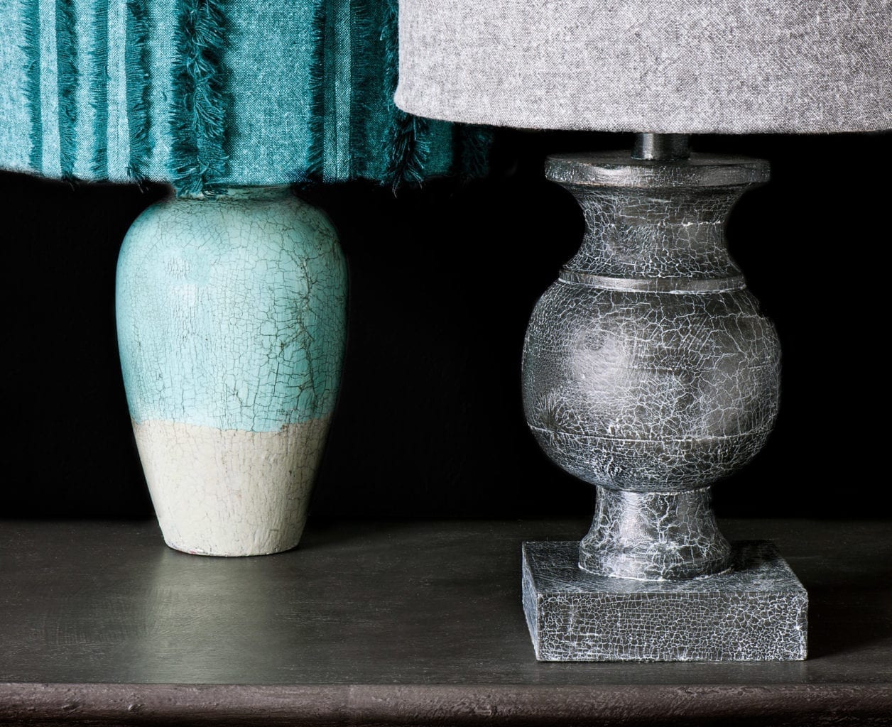 Lamp bases painted with Craqueleur crackle varnish and Chalk Paint in Provence and French Linen, and Graphite