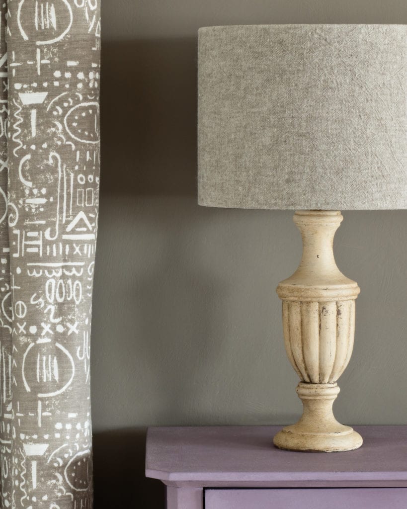 Linen Union fabric by Annie Sloan in Old White + French Linen lampshade Chalk Paint in Emile side table and Tacit in French Linen curtain