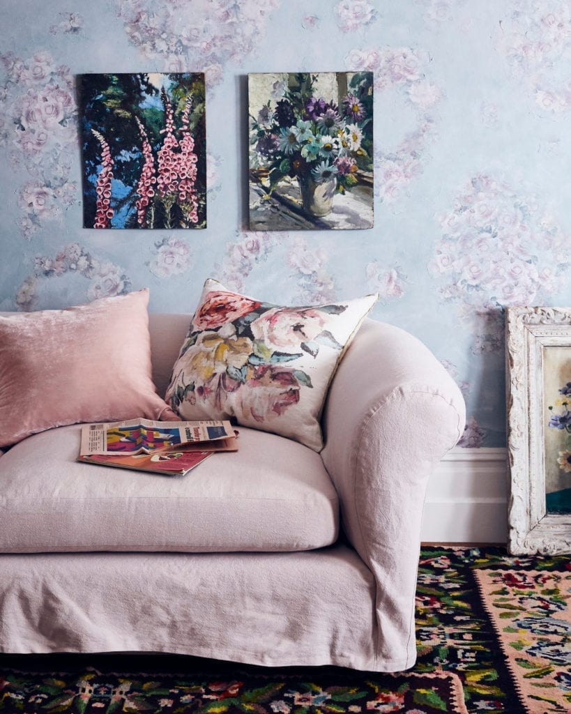Living room painted with Chalk Paint and floral decoupage. Sofa in Linen Union in Antoinette + Old White
