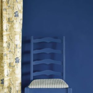 Napoleonic Blue Wall Paint by Annie Sloan, chair painted with Chalk Paint® in Napoleonic Blue, Dulcet in Versailles curtain and seat cushion in Ticking in Old Violet